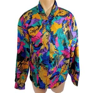 Vintage 80s Elite International Abstract Colorful‎ Leaf  Button Up Top Aprx 12
